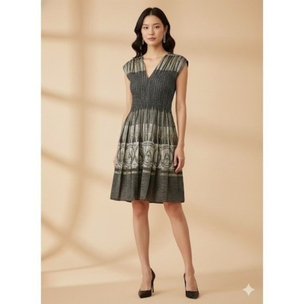 MAX EDITION Women's Metallic Pleated V Neck Dress Size S